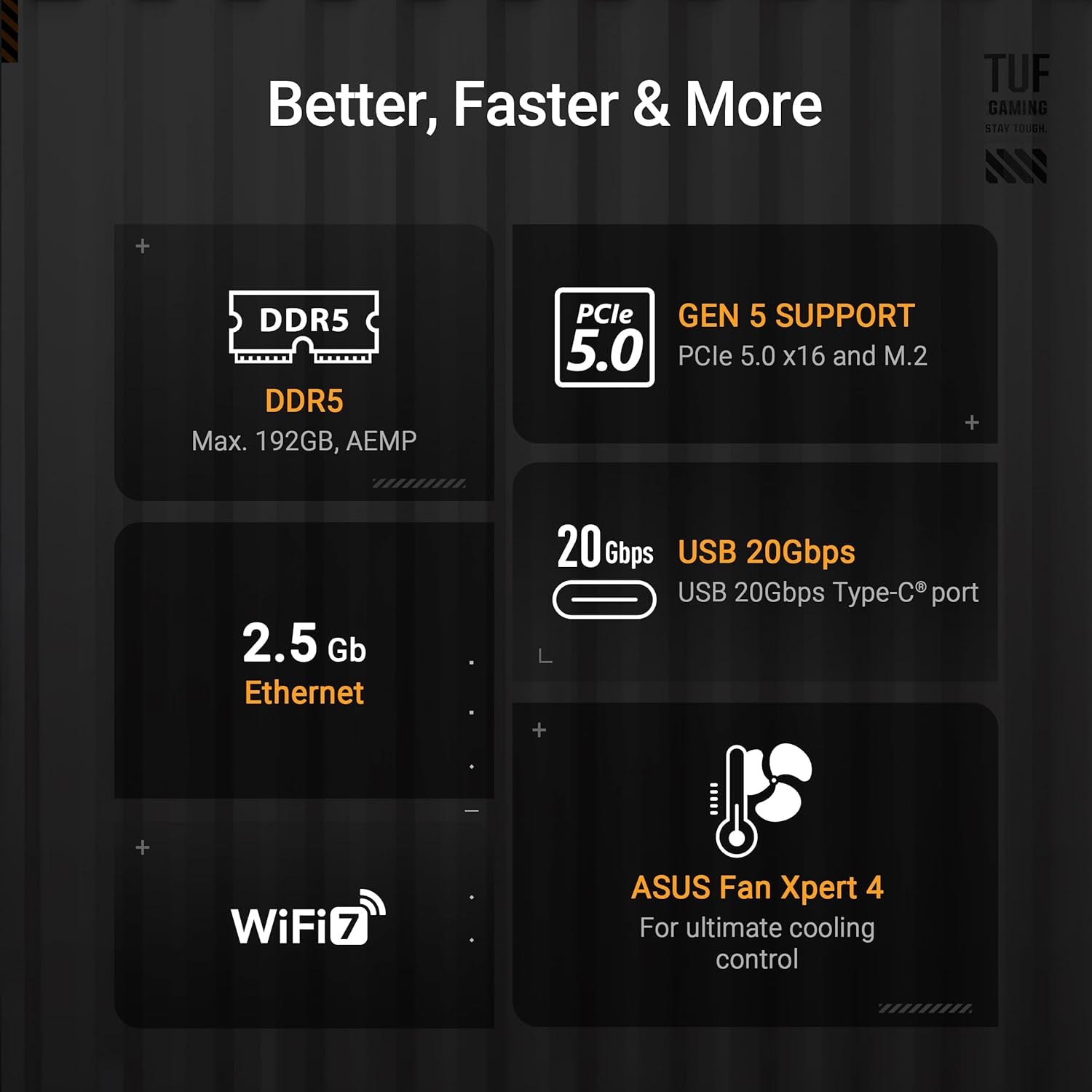TUF Gaming B850-PLUS Wifi AMD AM5 B850 ATX Motherboard, 14+2+1 80A Stages, AI Ready, DDR5, Pcie 5.0, 3X M.2, Wi-Fi 7, 2.5Gb LAN, Displayport, HDMI™, USB 10Gbps & 20Gbps Type-C®, BIOS Flashback™