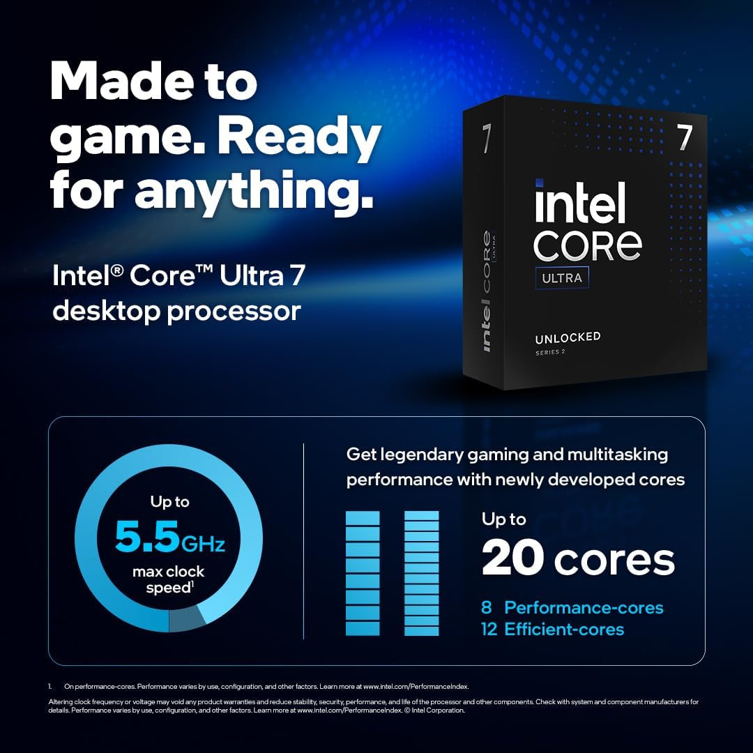 Core Ultra 7 Desktop Processor 265KF - 20 Cores (8 P-Cores + 12 E-Cores) up to 5.5 Ghz