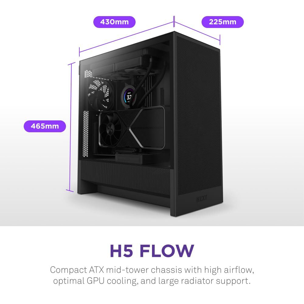 H5 Flow 2024 Black Mid Tower Case with Exceptional Airflow and GPU Cooling