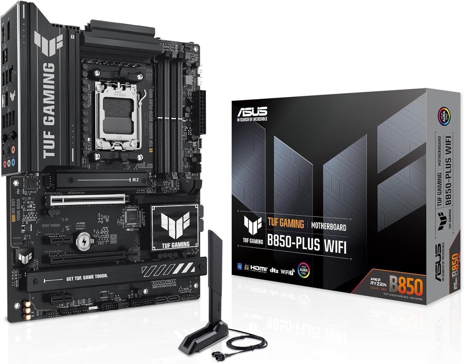 TUF Gaming B850-PLUS Wifi AMD AM5 B850 ATX Motherboard, 14+2+1 80A Stages, AI Ready, DDR5, Pcie 5.0, 3X M.2, Wi-Fi 7, 2.5Gb LAN, Displayport, HDMI™, USB 10Gbps & 20Gbps Type-C®, BIOS Flashback™