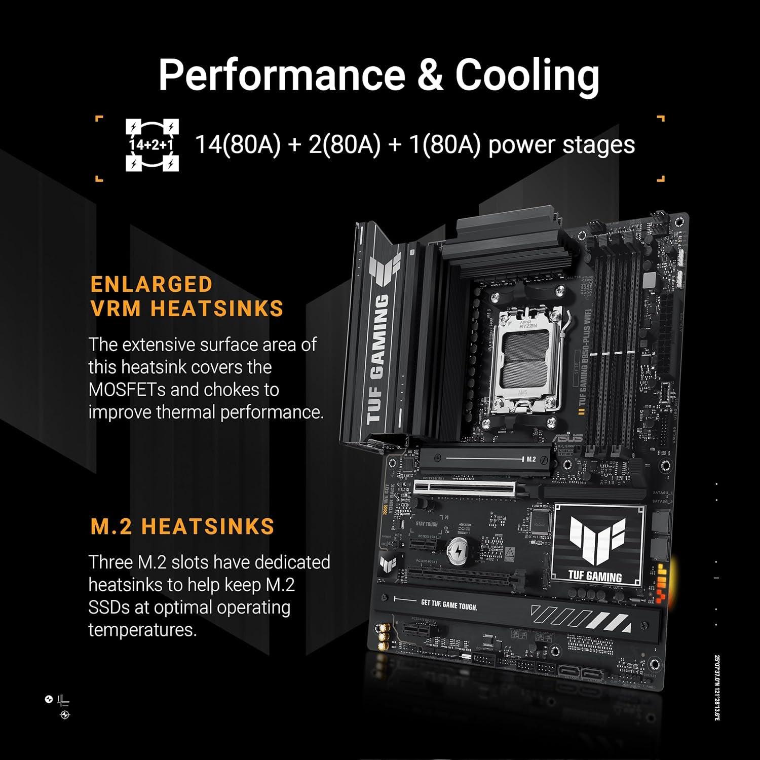 TUF Gaming B850-PLUS Wifi AMD AM5 B850 ATX Motherboard, 14+2+1 80A Stages, AI Ready, DDR5, Pcie 5.0, 3X M.2, Wi-Fi 7, 2.5Gb LAN, Displayport, HDMI™, USB 10Gbps & 20Gbps Type-C®, BIOS Flashback™