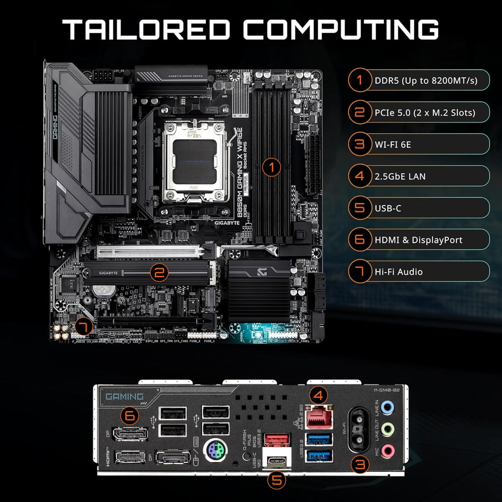 B850M Gaming X WIFI6E AMD AM5 LGA 1718 Motherboard, Matx, DDR5, 2X M.2, Pcie 5.0, USB-C, WIFI6E, 2.5Gbe LAN, Ez-Latch, 5-Year Warranty