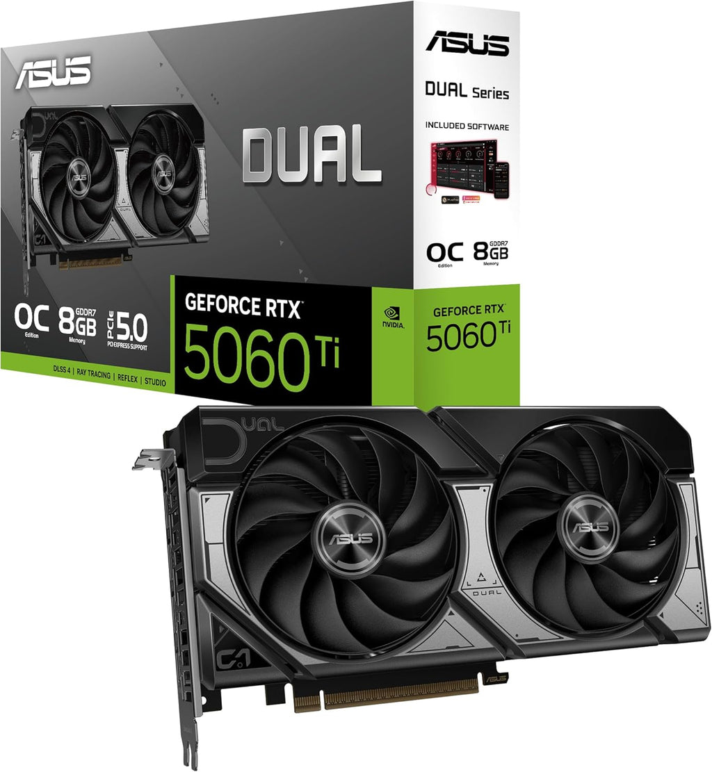 Dual Geforce RTX™ 5060 Ti 8GB GDDR7 OC Edition (Pcie 5.0, 8GB GDDR7, DLSS 4, HDMI 2.1B, Displayport 2.1B, 2.5-Slot Design, Axial-Tech Fan Design, 0Db Technology, and More)